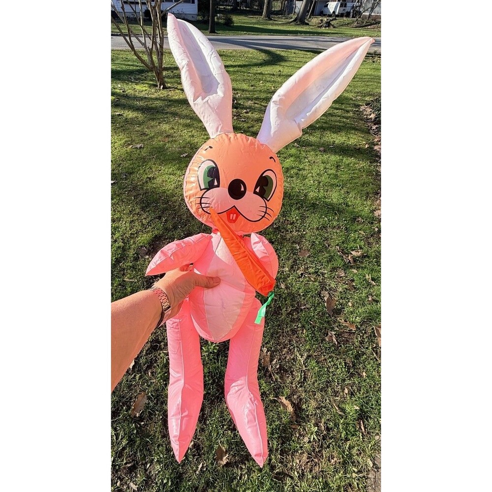 Vtg Inflatable Blow Up Pink Vinyl Easter Bunny 34” Squeaks